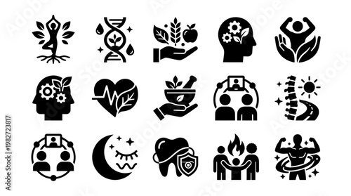 Set of Black Silhouette Icons Depicting Health, Wellness, and Nature Concepts in Minimal Style