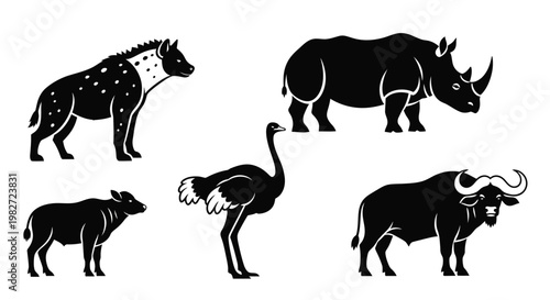 African Safari Animals Silhouettes Set: Hyena, Rhinoceros, Ostrich, Wildebeest, Buffalo