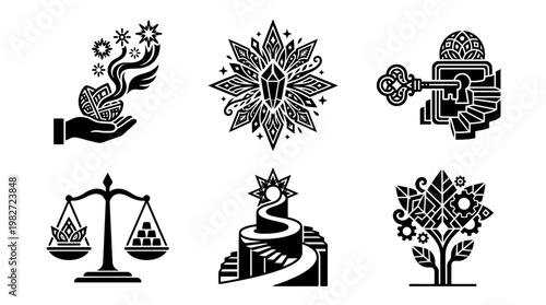 Set of Black and White Cultural Icons With Ethnic and Traditional Symbols
