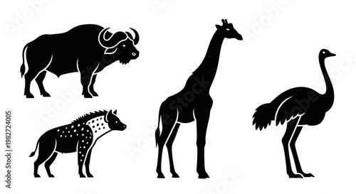 African Wildlife Silhouettes: Buffalo, Hyena, Giraffe, Ostrich Collection