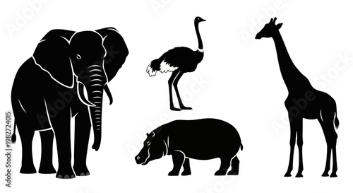 African Wildlife Silhouettes Collection: Elephant, Ostrich, Hippopotamus, Giraffe