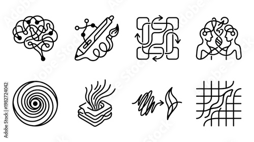 Set of Abstract Icons Including Brain, DNA, Puzzle, Mind, Spiral, Fire, Energy, Grid Styles, Vector Icon Set