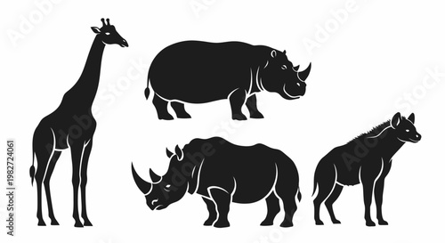African Wildlife Silhouettes Collection: Giraffe, Rhinoceros, and Hyena Set