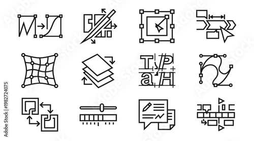 Set of Modern Icons Including Communication, Technology, and Interface Symbols for Digital Design