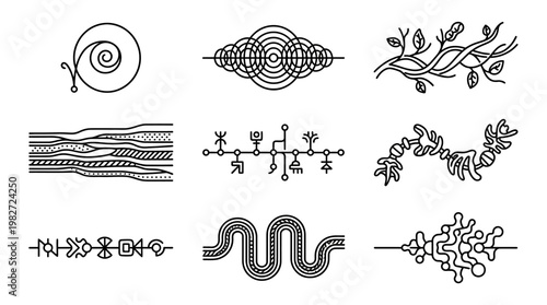 Set of Decorative Line Art Icons Featuring Organic and Geometric Designs for Creative Projects