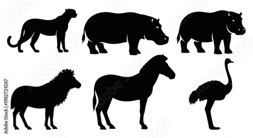 African Wildlife Silhouettes Set: Cheetah, Hippopotamus, Zebra, and Ostrich
