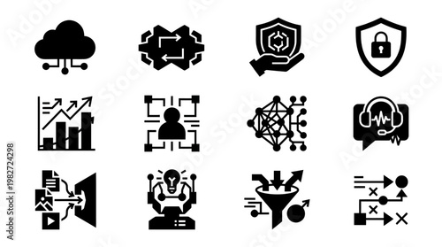 Set of Modern Business and Technology Icons for Digital Communication and Security