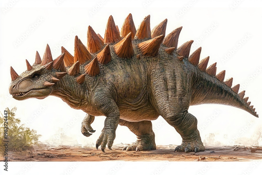 Fototapeta premium formidable spiked armored dinosaur with conical plates and wrinkled skin striding confidently across a dry dusty plain with sparse scrub under a pale sky