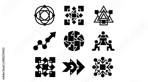 Set of Abstract Geometric Icons in Black for Creative Digital Design and Visual Communication