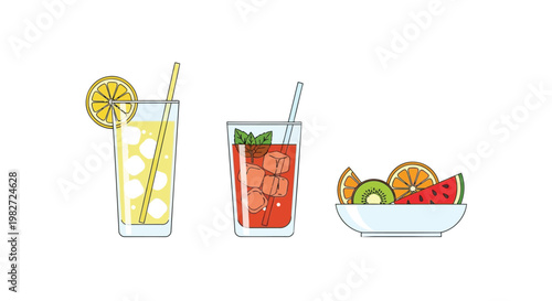 Fresh summer drinks and fruit bowl with kiwi orange and watermelon slices on a white background