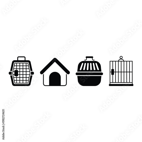 Four different types of pet housing and transport containers illustrated in simple icons