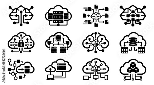 Vector Icon Set Of Cloud Computing Technology And Data Storage Symbols