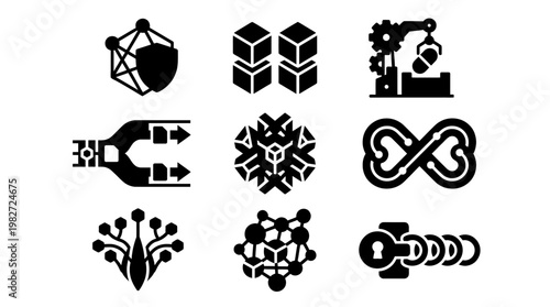 Vector Illustration Set of Blockchain, Cryptocurrency, and Digital Data Icons for Technology and Finance Concept
