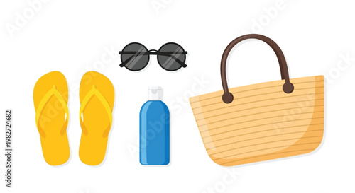 Beach essentials flat lay with yellow flip flops sunglasses blue sunscreen and straw bag on white background