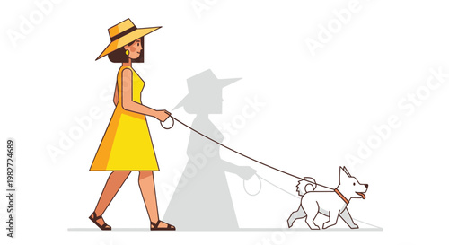 Woman in yellow dress and hat walking white dog on leash with shadow