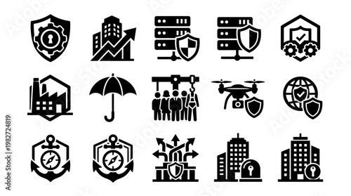 Set of Security and Business Icons Featuring Locks Shields and Buildings in Vector Style