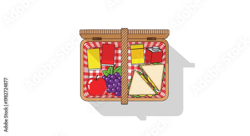 Overhead view of a wicker picnic basket with food and drinks on a red and white checkered cloth