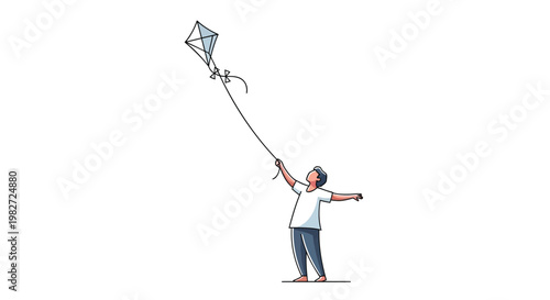 Young boy flying kite outdoors with arms outstretched in joyful leisure activity on sunny day