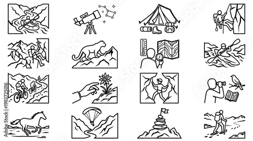 Set of Hand-Drawn Icons Depicting Camping, Hiking, and Outdoor Activities in Minimalist Style