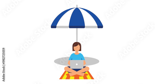 Remote worker sits under umbrella with laptop on beach towel symbolizing flexible work environment and digital nomadism
