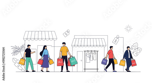People walking with shopping bags in front of storefronts illustration of consumers outside shops