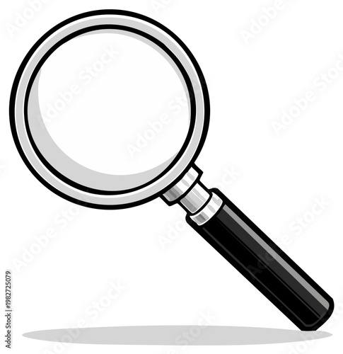 Magnifying glass with black handle and chrome rim, symbolizing exploration and detail discovery