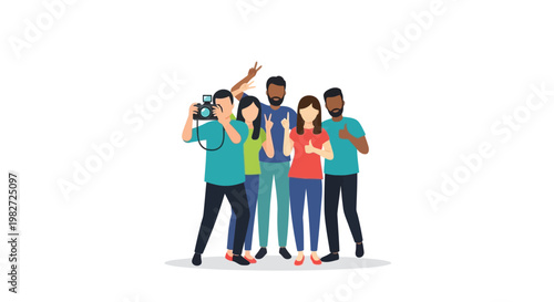 Diverse group of young adults taking a selfie together with happy expressions and gestures