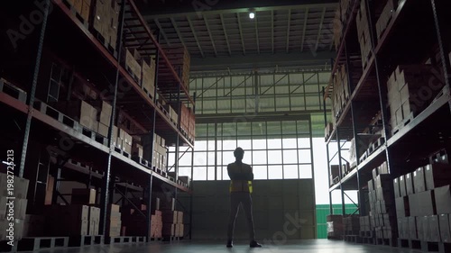Silhouette of a warehouse manager standing confidently inside a large storage facility with shelves full of boxes, representing logistics operations and inventory control
