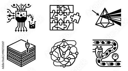 Vector Icon Set Of Puzzle Pieces And Brain Science Symbols In Flat Style