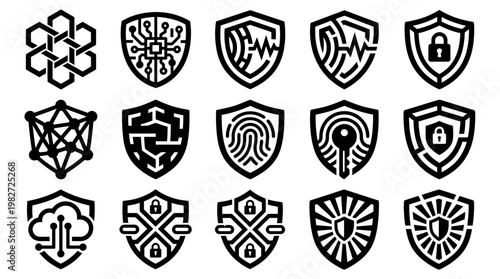 Collection of Modern Security Shield Icons in Line Art Style for Digital Encryption and Cybersecurity