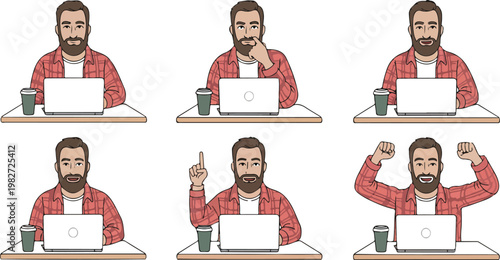 Stages of working on a laptop with bearded man, workflow process from thinking to typing and completing tasks vector illustration