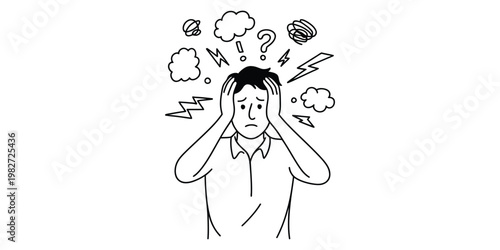 Anxiety and stress concept vector illustration, hand-drawn sketch style, overwhelmed person holding head, chaotic doodle icons representing confusion, migraine, and mental pressure, emotional expressi