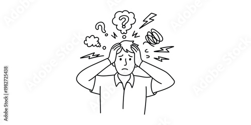 Anxiety and stress concept vector illustration, hand-drawn sketch style, overwhelmed person holding head, chaotic doodle icons representing confusion, migraine, and mental pressure, emotional expressi
