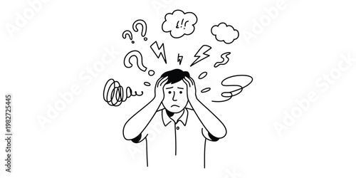 Anxiety and stress concept vector illustration, hand-drawn sketch style, overwhelmed person holding head, chaotic doodle icons representing confusion, migraine, and mental pressure, emotional expressi