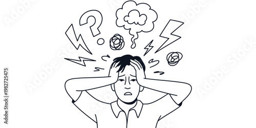 Anxiety and stress concept vector illustration, hand-drawn sketch style, overwhelmed person holding head, chaotic doodle icons representing confusion, migraine, and mental pressure, emotional expressi