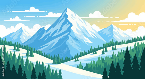 Majestic Snow-Capped Mountain Peak in Winter Landscape with Pine Forest and Ski Slope