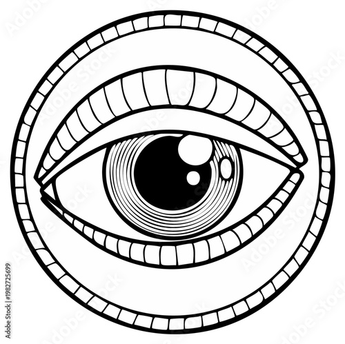 Mystical Eye Symbol Illustration in Circle Outline with Line Art Detail