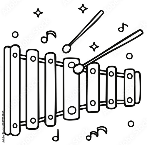 Cartoon xylophone line art illustration with mallets and musical notes for a coloring page