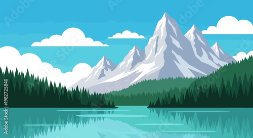 Majestic Snowy Mountains Reflecting in a Serene Lake Surrounded by Pine Forests