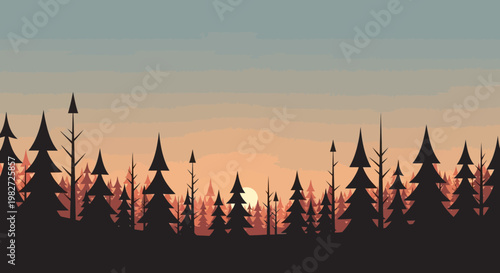 Minimalist Forest Sunset Silhouette: Pine Trees Against Warm Sky