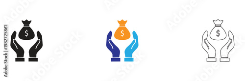 Hand Holding Money Icons. Featuring cash payment, financial transaction, salary, earnings, savings and money transfer concepts. 