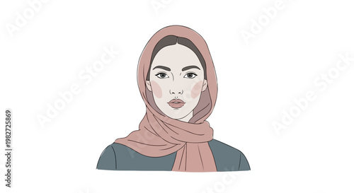 Minimalist vector illustration of a beautiful Muslim woman wearing a pink hijab, elegant female portrait with traditional headscarf, modern modest fashion avatar