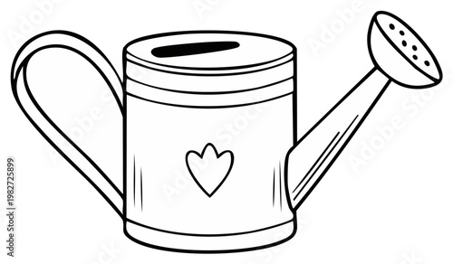 Black and white illustration of a garden watering can with a heart symbol