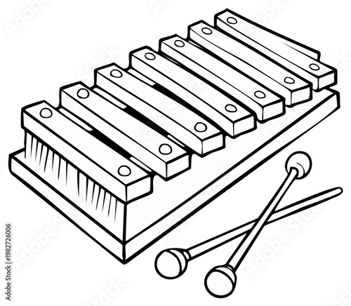 Simple outline drawing of a wooden xylophone with mallets on a white background
