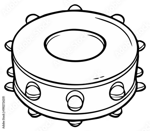 Line art illustration of a tambourine, black and white graphic musical percussion instrument drawing