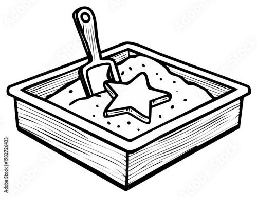 Classic sandbox illustration with digging spade and star shaped sand mold for kids playtime