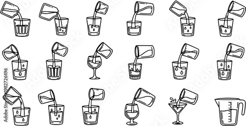 Black and White Line Art Doodles of Pouring Liquids into Various Glasses, Cocktails, and Measuring Jugs  Food and Beverage Icons Collection