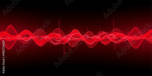 Abstract red wave background with a digital heartbeat pulse line and medical EKG monitor graph for health technology illustration