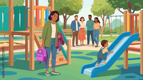 Sad Mother Facing Social Judgment at Playground Illustration