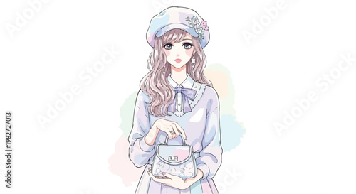 Anime girl in pastel fashion, beautiful young woman wearing beret and holding handbag, elegant manga style character illustration in soft colors